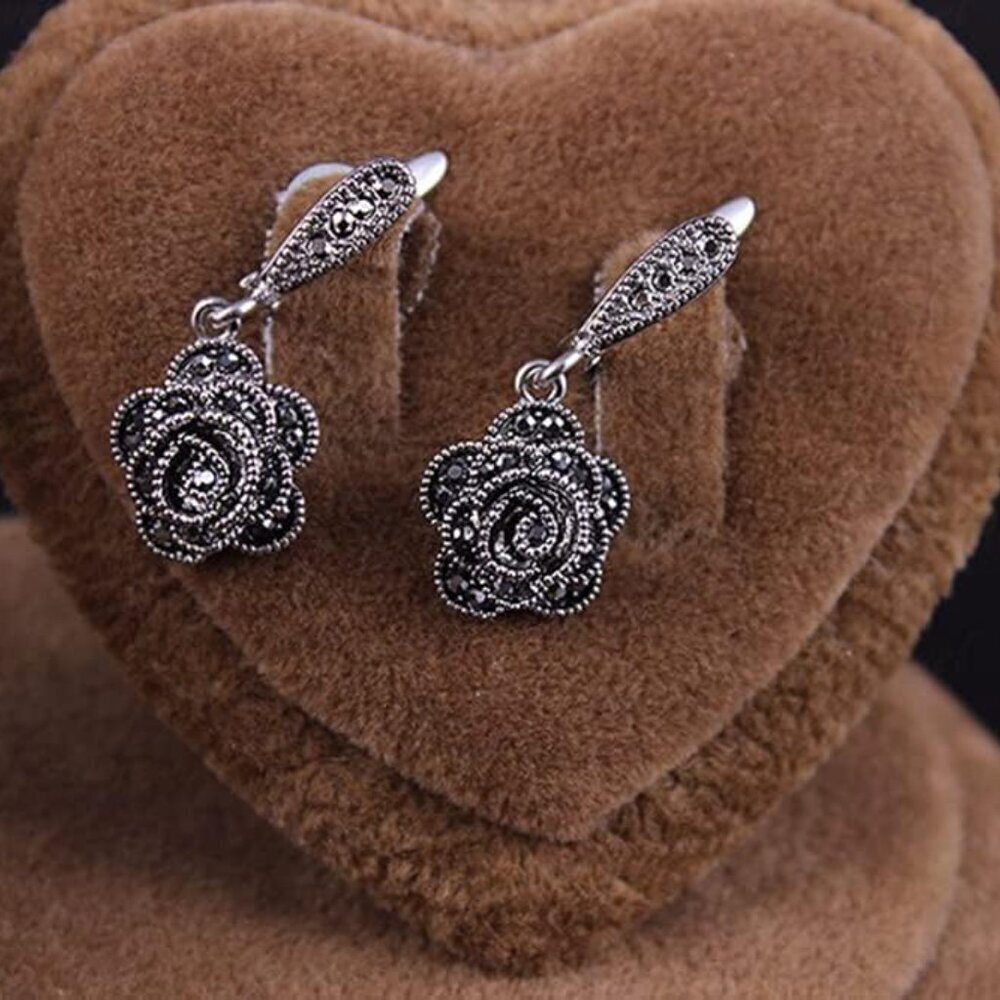 Vintage Black Crystal Geometric Rose Flower Necklace Earrings Jewelry Set - Picture 5 of 7